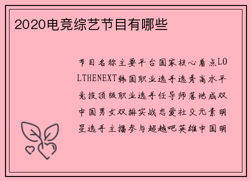 2020电竞综艺节目有哪些